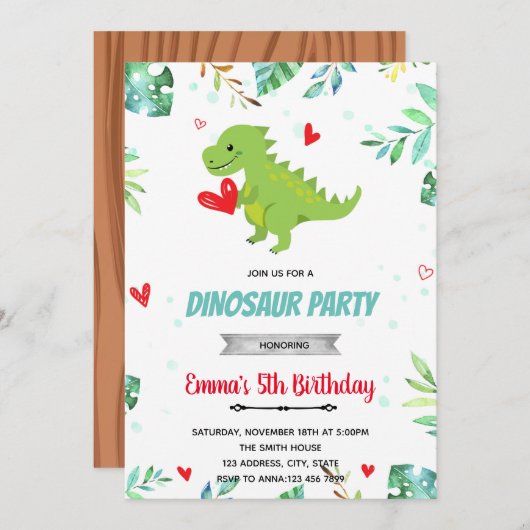 Valentine Dinosaurier-Party Einladung (Vorne/Hinten)