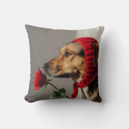 Valentine dog holding rose portrait, cute dog kissen
