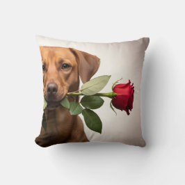 valentine dog holding rose portrait, cute dog kissen
