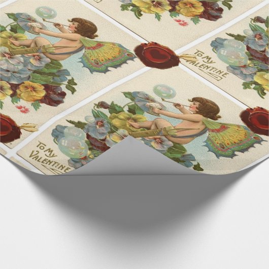 VALENTINE FAIRY BLOWING BUBBLES, STIEFMÜTTERCHEN, GESCHENKPAPIER (Ecke)