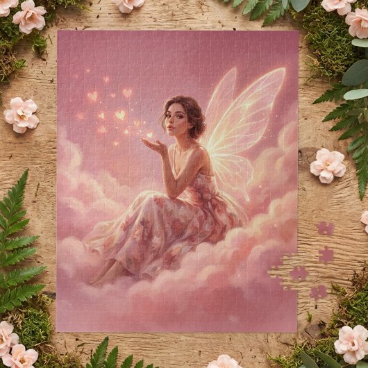 Valentine Fairy on Pink Clouds Fantasy Art Puzzle