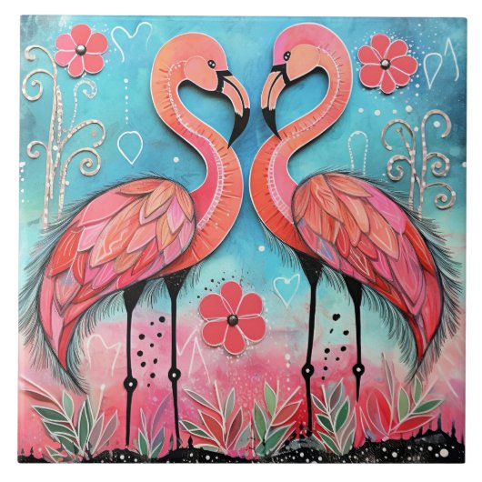 Valentine Flamingo Kunst Fliese (Vorderseite)