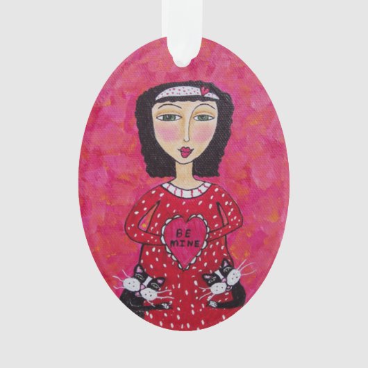 Valentine Folk Art Lady Herz Schwarze Katzen Liebe Ornament (Vorderseite)