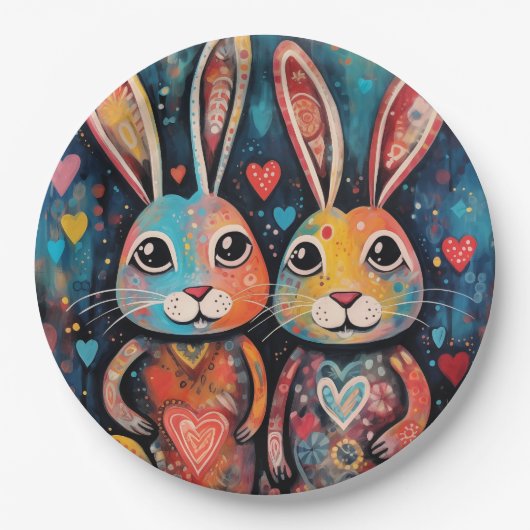 Valentine Friends Bunnies langes Herz Pappteller (Vorderseite)