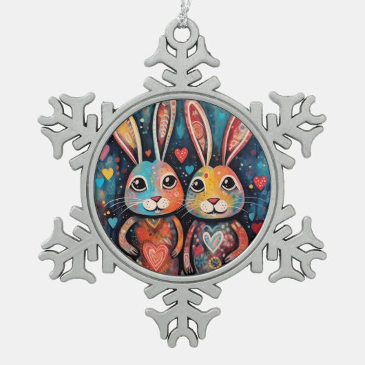 Valentine Friends Bunnies langes Herz Schneeflocken Zinn-Ornament (Vorderseite)