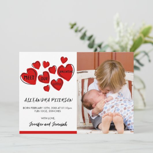 Valentine Geburtsankündigung Karte Rotes Herz (Stehend Vorderseite)