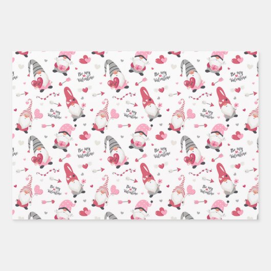 Valentine Gnome Heart Wrapping Paper Set 3 Geschenkpapier Set (Vorderseite)