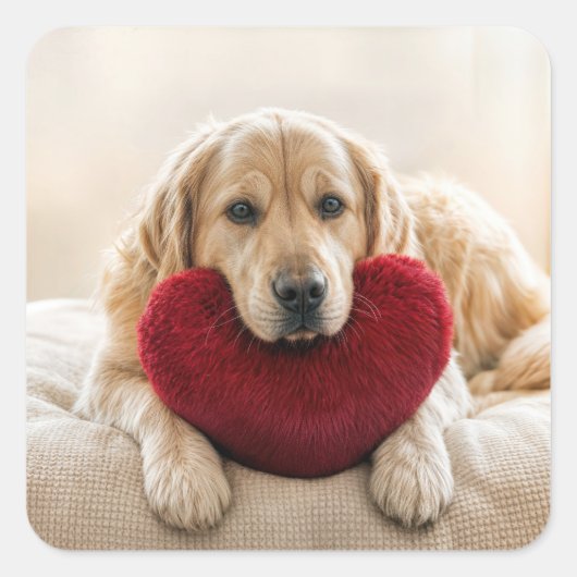 Valentine Golden Retriever with Heart Pillow Quadratischer Aufkleber (Vorderseite)