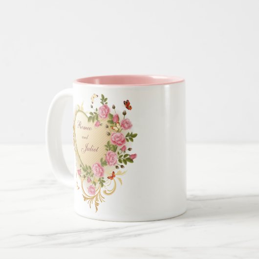 Valentine - goldgestreiftes Herz mit Rose Zweifarbige Tasse (Vorderseite Links)