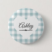 Valentine Heart Blue Gingham Name Monogram Button (Vorderseite)