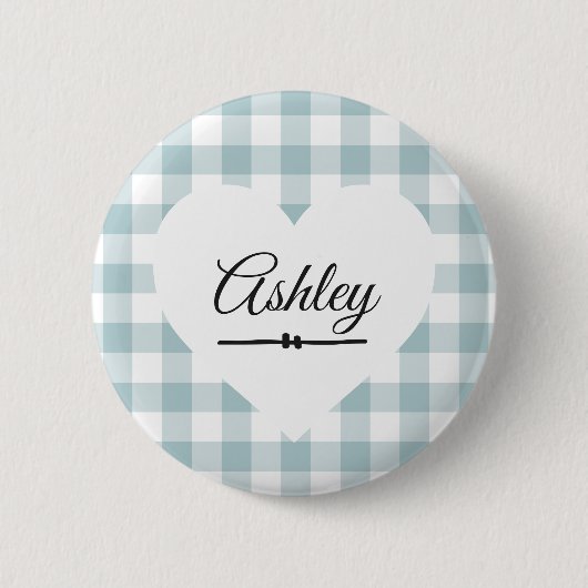 Valentine Heart Blue Gingham Name Monogram Button (Vorderseite)