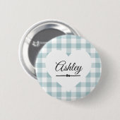 Valentine Heart Blue Gingham Name Monogram Button (Vorne & Hinten)