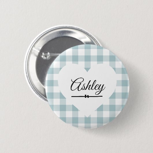 Valentine Heart Blue Gingham Name Monogram Button (Vorne & Hinten)