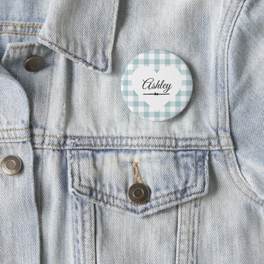 Valentine Heart Blue Gingham Name Monogram Button (Beispiel)