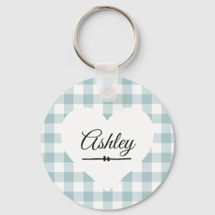 Valentine Heart Blue Gingham Name Monogram Schlüsselanhänger