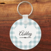 Valentine Heart Blue Gingham Name Monogram Schlüsselanhänger (Vorderseite)
