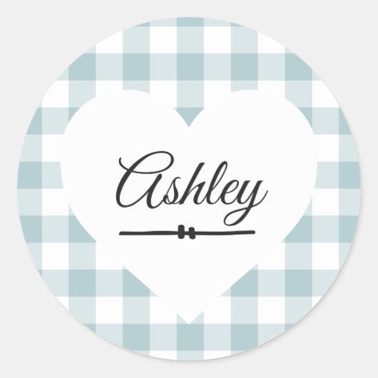 Valentine Heart Blue Gingham Pattern Name Monogram Runder Aufkleber (Vorderseite)