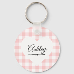 Valentine Heart Pink Gingham Name Monogram Schlüsselanhänger
