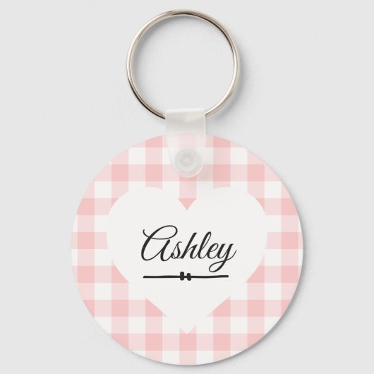 Valentine Heart Pink Gingham Name Monogram Schlüsselanhänger (Vorderseite)