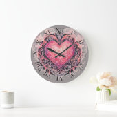 Valentine Heart Pink Liebe Blume Ornamente Große Wanduhr (Zuhause)