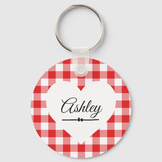 Valentine Heart Red Gingham Name Monogram Schlüsselanhänger (Vorderseite)