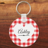 Valentine Heart Red Gingham Name Monogram Schlüsselanhänger (Vorderseite)