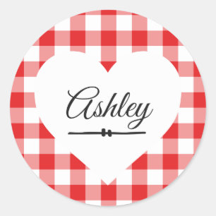 Valentine Heart Red Gingham Pattern Name Monogram Runder Aufkleber