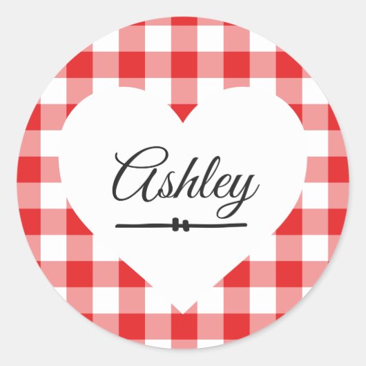 Valentine Heart Red Gingham Pattern Name Monogram Runder Aufkleber (Vorderseite)