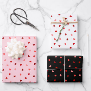 Valentine Hearts on Pink, White und Black Geschenkpapier Set