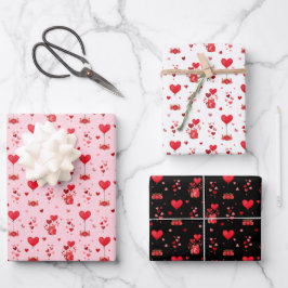 Valentine Hearts on Pink, White und Black Geschenkpapier Set
