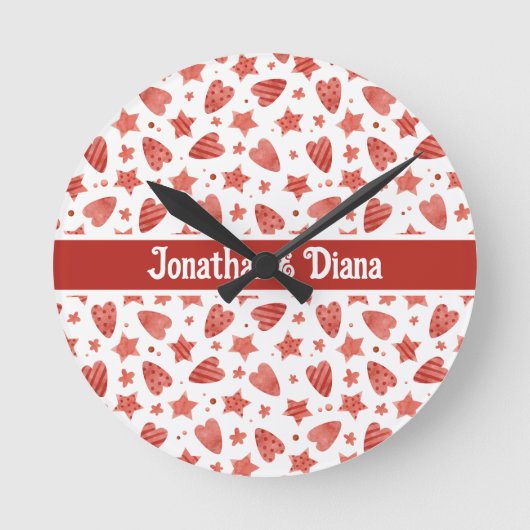 Valentine Hearts & Stars Pattern Wall Clock Runde Wanduhr (Vorderseite)