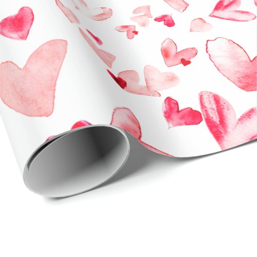 Valentine Hearts Whimsical Wasserfarbe Rosa Rot Geschenkpapier (Rolleneckpunkt)