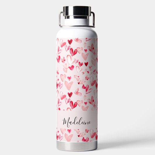 Valentine Hearts Whimsical Watercolor Pink Red Trinkflasche (Rückseite)