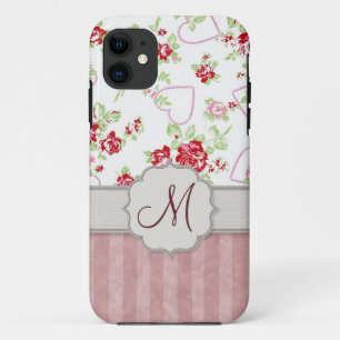 Valentine - Herz, Rose und Streifen w Monogramm iPhone 11 Hülle