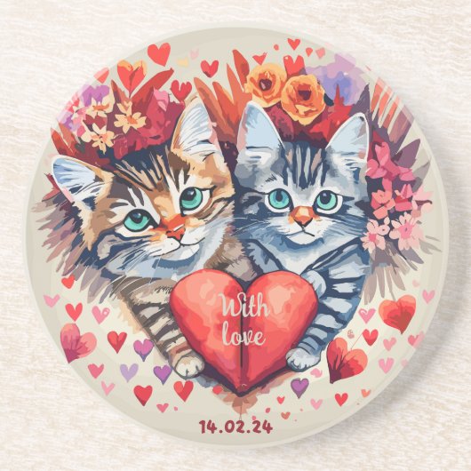 Valentine Katzen mit Herz Getränkeuntersetzer (Vorne)