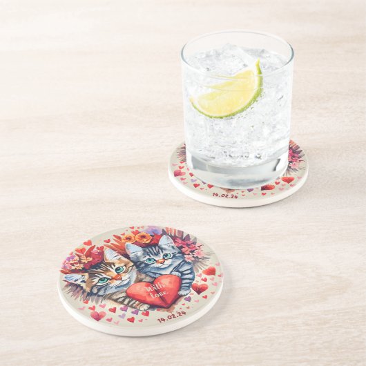 Valentine Katzen mit Herz Getränkeuntersetzer (Seite)