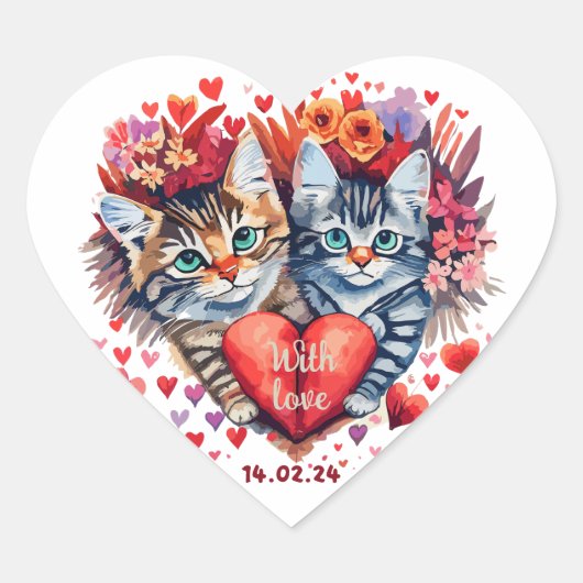 Valentine Katzen mit Herz Herz-Aufkleber (Vorderseite)