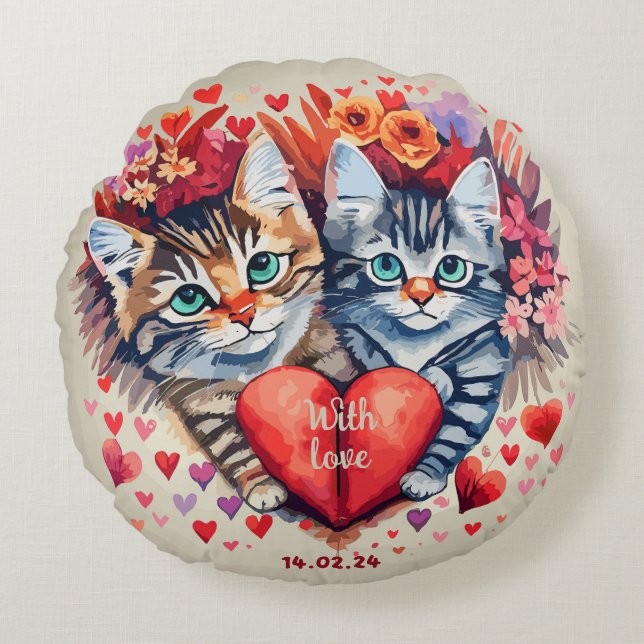 Valentine Katzen mit Herz Rundes Kissen (Vorderseite)