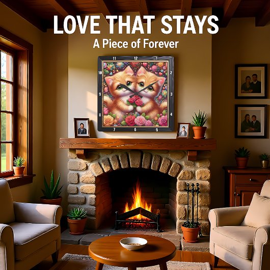 Valentine Kitten Couple Rose Wall Quadratische Wanduhr