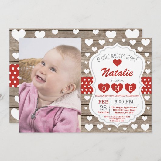 Valentine Little Sweetheart Erster Geburtstag Einladung (Vorne/Hinten)