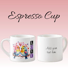 Valentine lovebirds custom text purple espressotasse