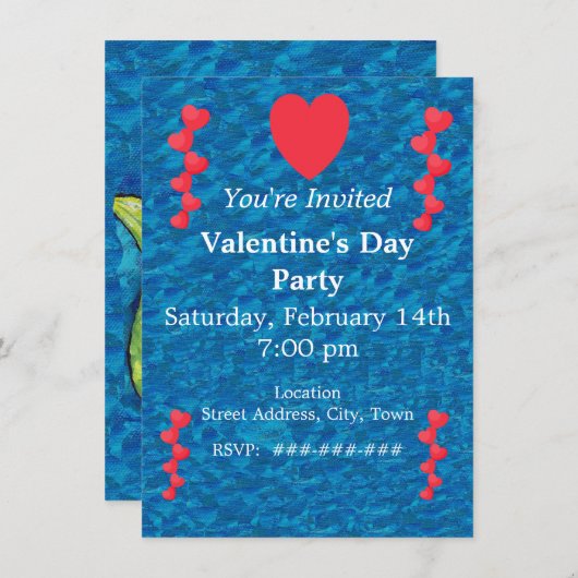 Valentine Mermaid Gold String of Red Hearts blue Einladung (Vorne/Hinten)