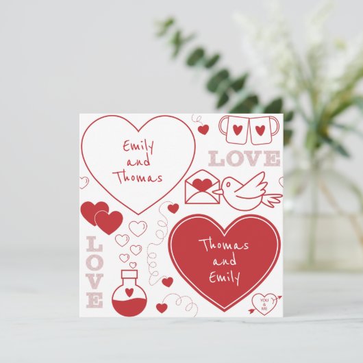 Valentine Muster Flachkarte - Rot auf Weiß (Stehend Vorderseite)