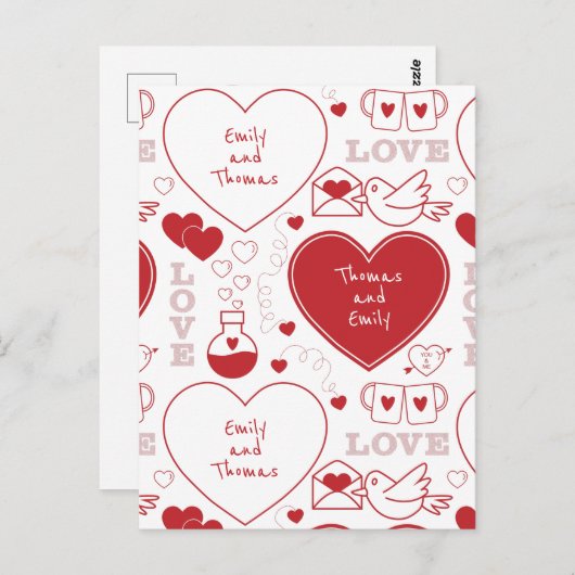 Valentine Muster Postcard - Rot auf Weiß Postkarte (Vorne/Hinten)