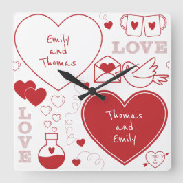 Valentine Muster Wall Clock - Rot auf Weiß Quadratische Wanduhr