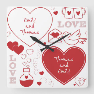 Valentine Muster Wall Clock - Rot auf Weiß Quadratische Wanduhr