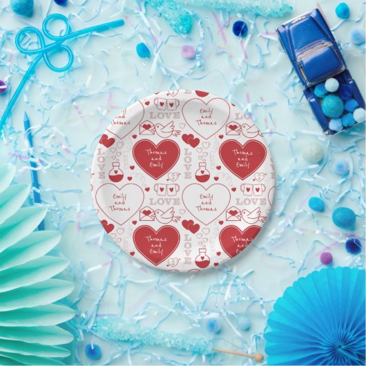 Valentine Musterpapierplatte - rot auf weiß | 2 | Pappteller (Party)