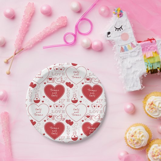 Valentine Musterpapierplatte - rot auf weiß | 2 | Pappteller (Party)