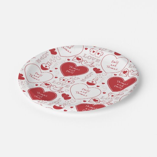 Valentine Musterpapierplatte - rot auf weiß | 2 | Pappteller (Schrägansicht)