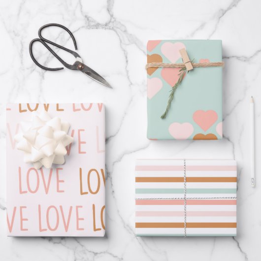 Valentine Niedlich Pastel Boho Liebe Streifen Herz Geschenkpapier Set (Vorderseite)